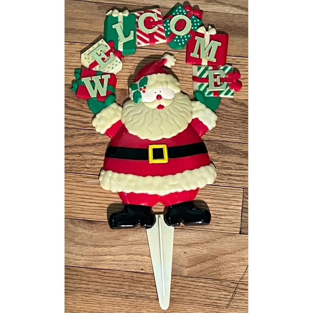 Vintage JSNY Santa Clause Christmas Welcome Yard Stake Sign 15.5" Hard Plastic